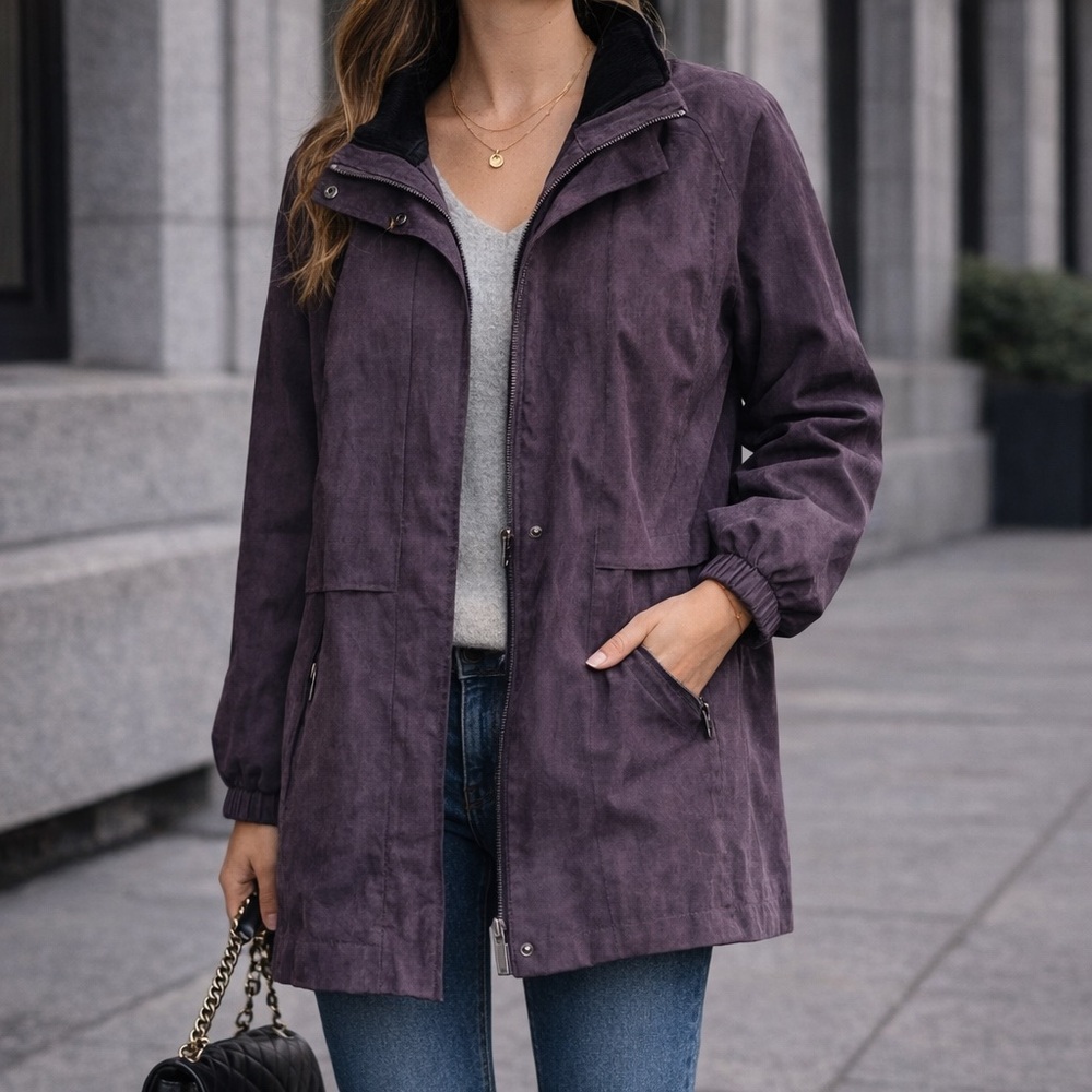 Croft & Barrow Aubergine Purple Utility Jacket L Lightweight Luxe Zip Front Coat